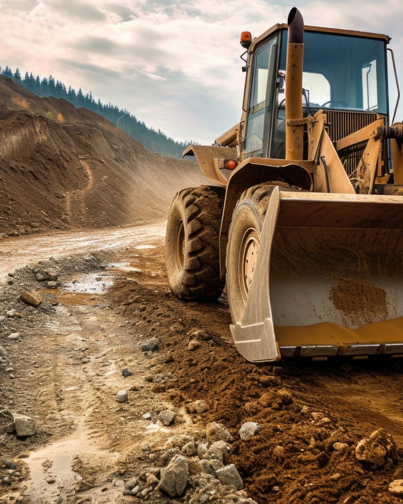 a front end loader on a dirt road, in the style of uhd image, industrial inspiration, gold and brown, 1970–present, catcore --ar 128:81 --v 6 Job ID: a1bed0c8-6d14-4808-b186-1c07a22c74ad